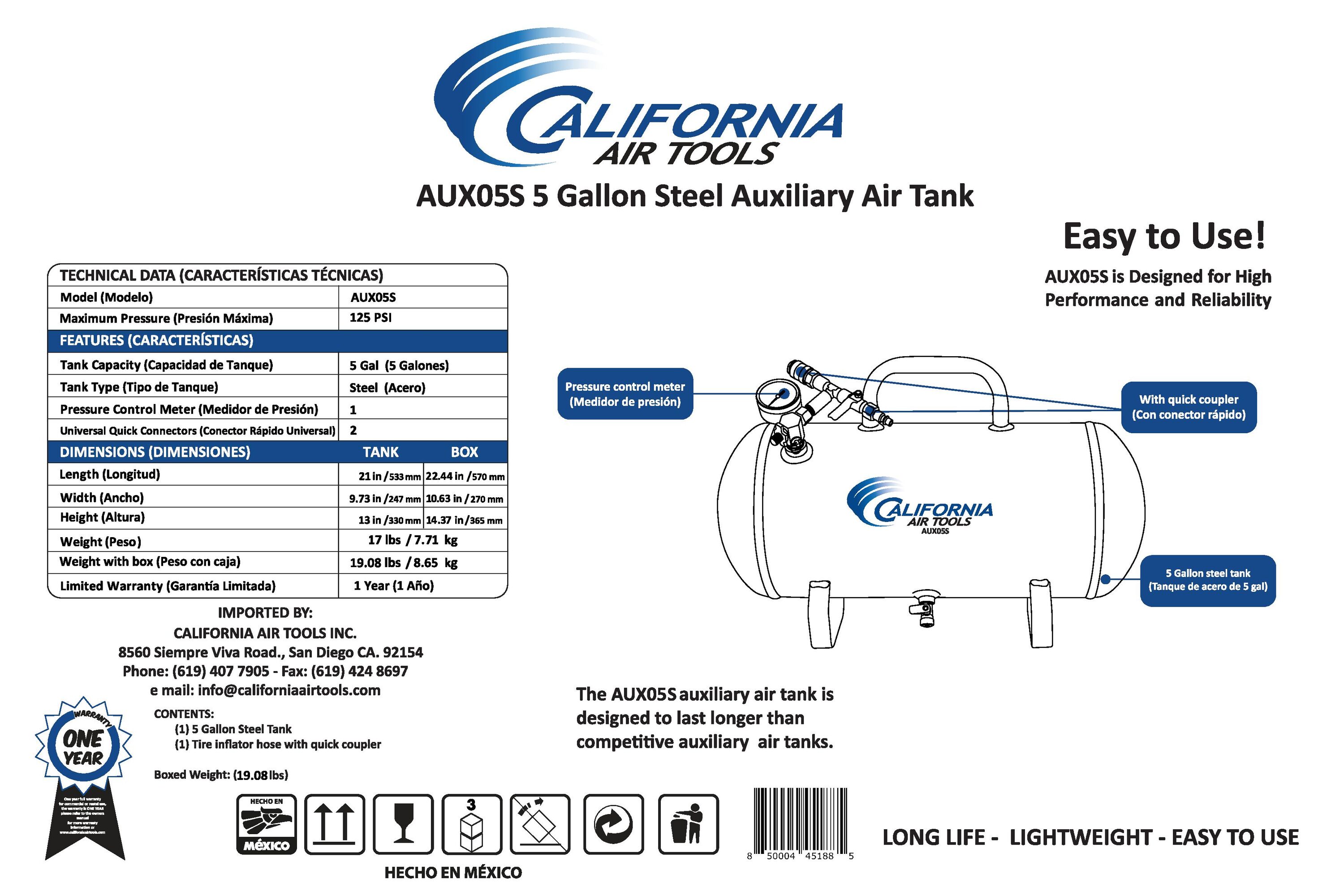 Herramientas de aire de California Herramientas de aire de California 5 galones Compresor de aire portátil eléctrico inalámbrico estilo Pata de Perro de 125 PSI - AUX05S