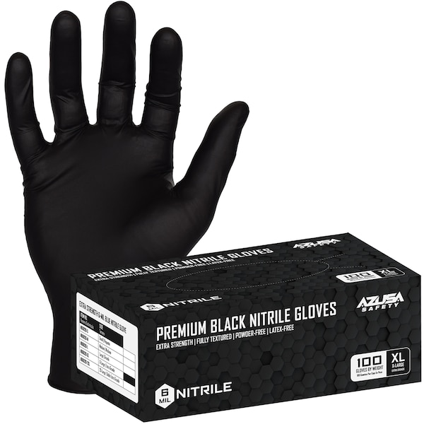 Guantes desechables de nitrilo Premium Azusa Safety, 6 mil, sin polvo, totalmente texturizados, XL, 100 PK, negro - ND6020