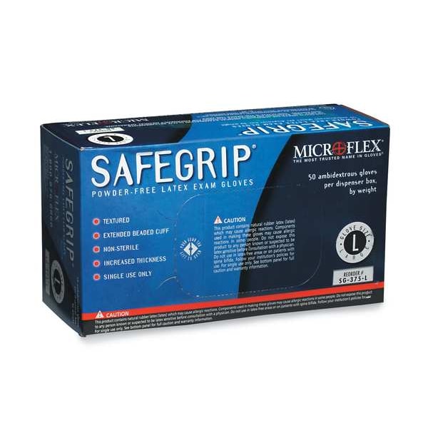 Ansell SG-375, Guantes de Examen, 11 mil de Palma, Látex, Sin Polvo, L (9), Paquete de 50, Azul - SG-375-L