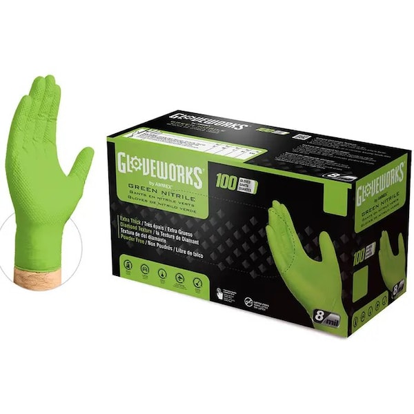 Guantes Desechables de Nitrilo Gloveworks GWGN, 8 mil Palm, Nitrilo, sin Polvo, XL, Paquete de 100, Verde - GWGN48100