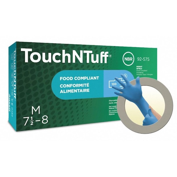 Ansell TouchNTuff 92-575, Guantes Desechables de Nitrilo, 4.3 mil en la Palma, Grado Alimenticio, con Polvo, Talla L, Paquete con 100 piezas, Azules - 92-575