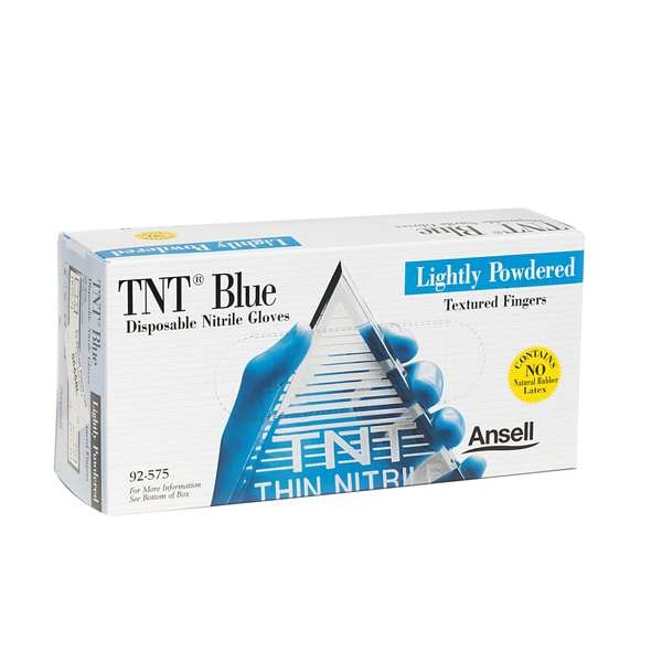 Ansell TouchNTuff 92-575, Guantes Desechables de Nitrilo, 4.3 mil en la Palma, Grado Alimenticio, con Polvo, Talla L, Paquete con 100 piezas, Azules - 92-575