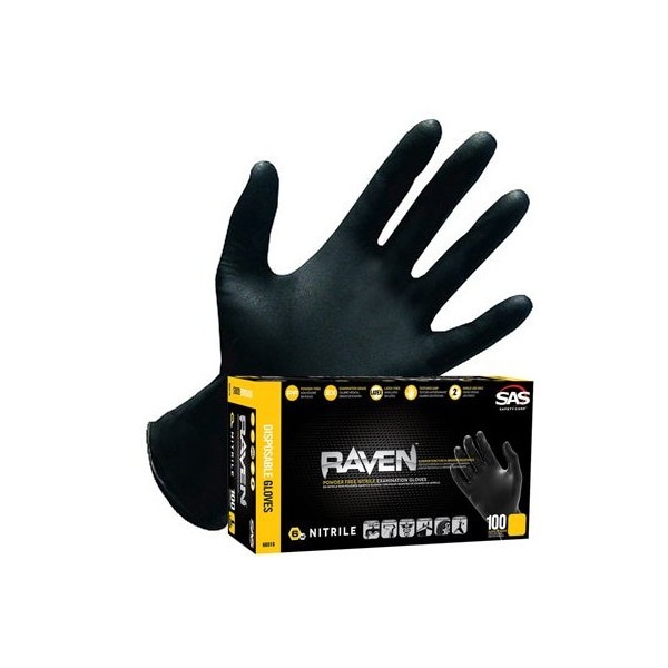 Sas Safety Raven, Guantes Desechables de Nitrilo, Texturizados, 7 mil de Palma, Nitrilo, Libre de Polvo, XL, 100 Piezas, Negros - SA66519