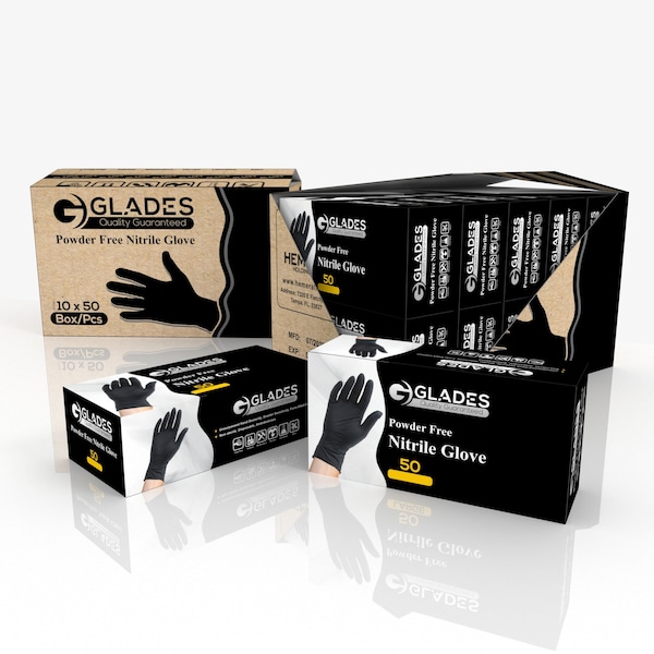 Guantes desechables de nitrilo Glades, 8 mil en la palma, de nitrilo, sin polvo, Talla XXL, Paquete de 500 unidades, color negro - XXL