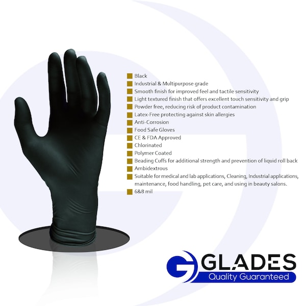 Guantes desechables de nitrilo Glades, 8 mil en la palma, de nitrilo, sin polvo, Talla XXL, Paquete de 500 unidades, color negro - XXL