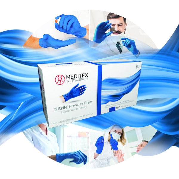 Meditex Meditex G5 (Estuche), Guantes de Examen de Nitrilo, 4 mil de Palma, Nitrilo, sin Polvo, XL, 1 Paquete, Azul Oscuro - XL