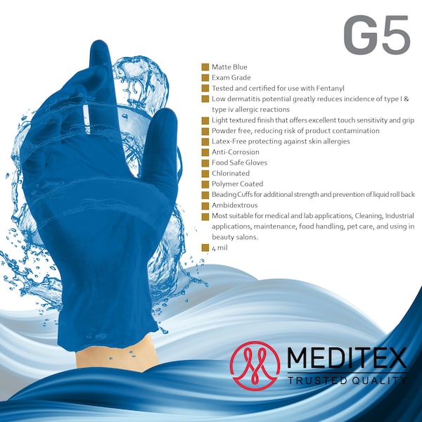 Meditex Meditex G5 (Estuche), Guantes de Examen de Nitrilo, 4 mil de Palma, Nitrilo, sin Polvo, XL, 1 Paquete, Azul Oscuro - XL