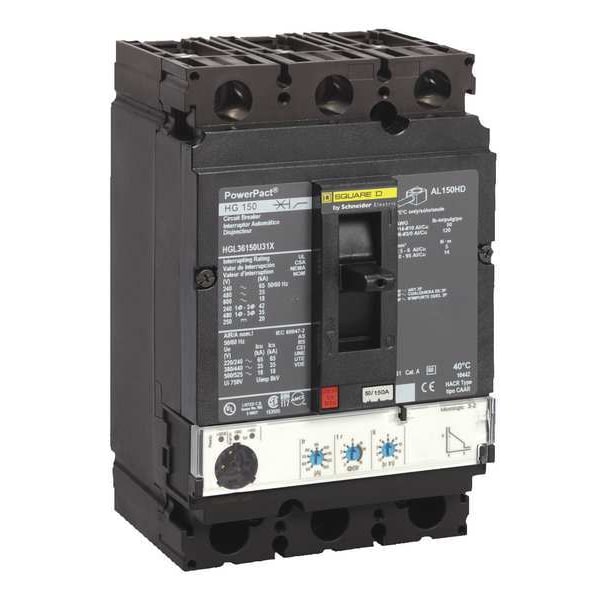 Square D Molded Case Circuit Breaker, HGL Series, 150A, 3 Pole, 600V AC, 65kA at 240V AC - HGL36150U33X