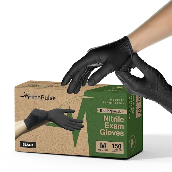 Guantes Desechables de Nitrilo Fifthpulse, 3 mil de grosor, Nitrilo, Talla M, Paquete de 150, Negro - FMN100540