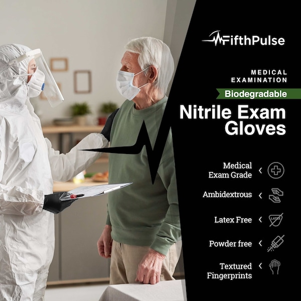 Guantes Desechables de Nitrilo Fifthpulse, 3 mil de grosor, Nitrilo, Talla M, Paquete de 150, Negro - FMN100540