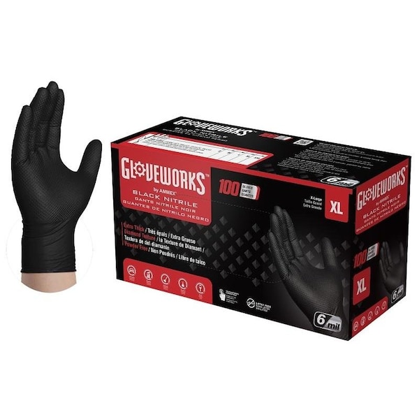 Gloveworks RDT, Guantes Desechables de Nitrilo de 6 mil de Grosor, Palma de Nitrilo, Sin Polvo, XL, Negro - GWBN48100