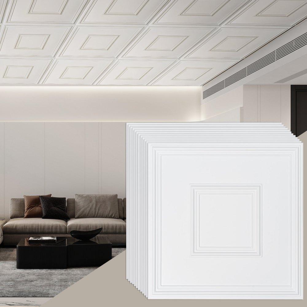 VEVOR Ceiling Tiles 12-Pack 24 x 24 in PVC Easy Installation White Geometric - THBZPVCB12J2BINQSV0
