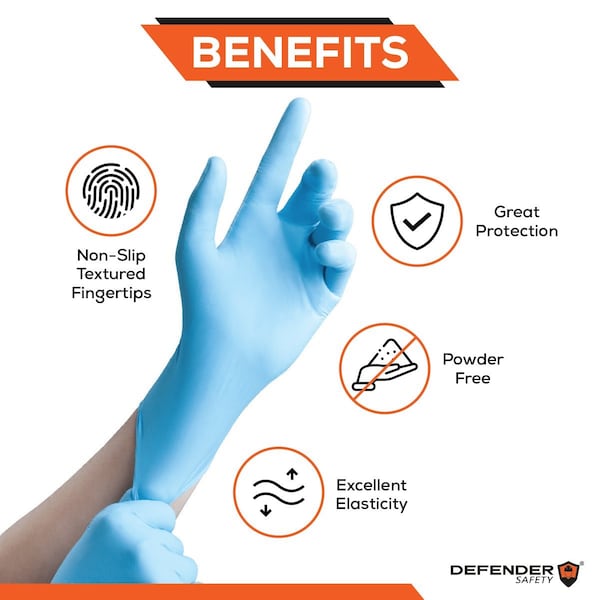 Defender Safety DSG-ENG-01, Guantes Desechables de Nitrilo, 3.5 Mil de Grosor en la Palma, Nitrilo, Sin Polvo, S, Paquete de 100, Azules - DSG-ENG-01-S.