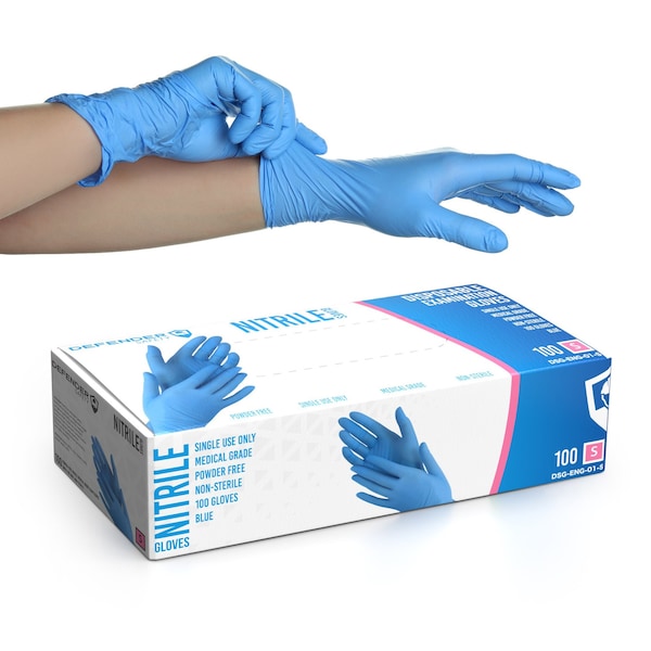 Defender Safety DSG-ENG-01, Guantes Desechables de Nitrilo, 3.5 Mil de Grosor en la Palma, Nitrilo, Sin Polvo, S, Paquete de 100, Azules - DSG-ENG-01-S.