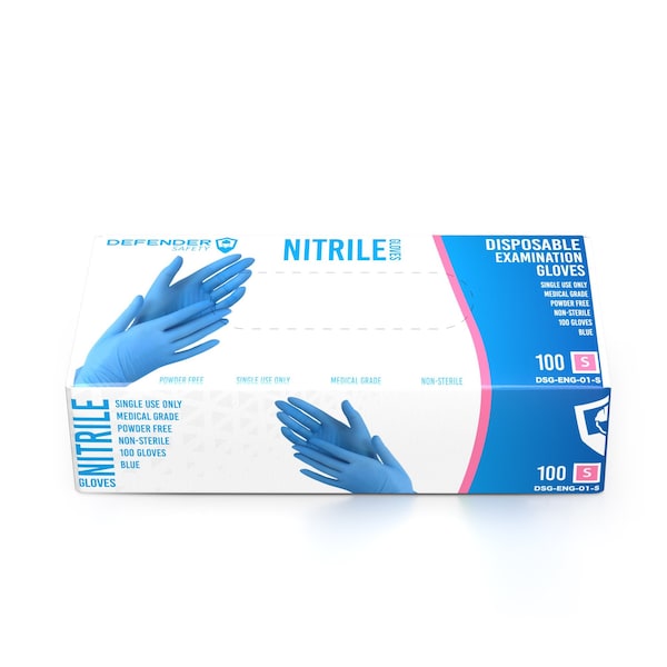 Defender Safety DSG-ENG-01, Guantes Desechables de Nitrilo, 3.5 Mil de Grosor en la Palma, Nitrilo, Sin Polvo, S, Paquete de 100, Azules - DSG-ENG-01-S.