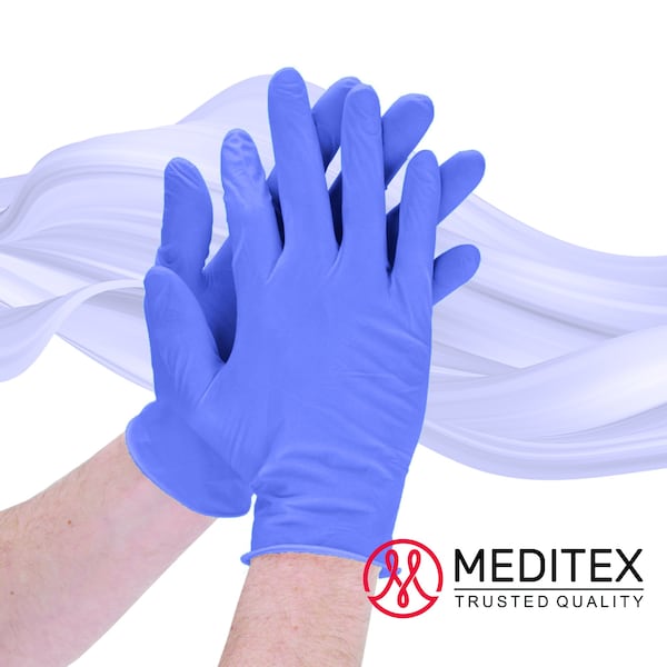 Guantes de examen de nitrilo Meditex, 4 mil de grosor en la palma, sin látex, sin polvo, color violeta azul, paquete de 100, talla L-L