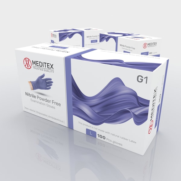 Guantes de examen de nitrilo Meditex, 4 mil de grosor en la palma, sin látex, sin polvo, color violeta azul, paquete de 100, talla L-L