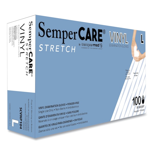 Guantes desechables de vinilo Sempercare Syn-Stretch, 5 mil, palma de vinilo, sin polvo, L, paquete de 1000, color crema - SCVNP104.