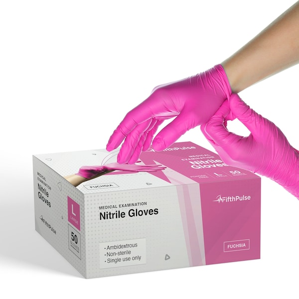 Quinta pulso FMN100, Guantes desechables de Nitrilo, 3 mil de espesor en la palma, Nitrilo, Sin polvo, Talla L, Paquete de 50, Fucsia - FP-N-50-L-FUS
