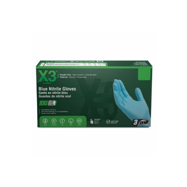 Ammex X3, Guantes Desechables de Nitrilo, 3 milímetros de Grosor en la Palma, Nitrilo, Sin Polvo, Talla L, Azules - X346100