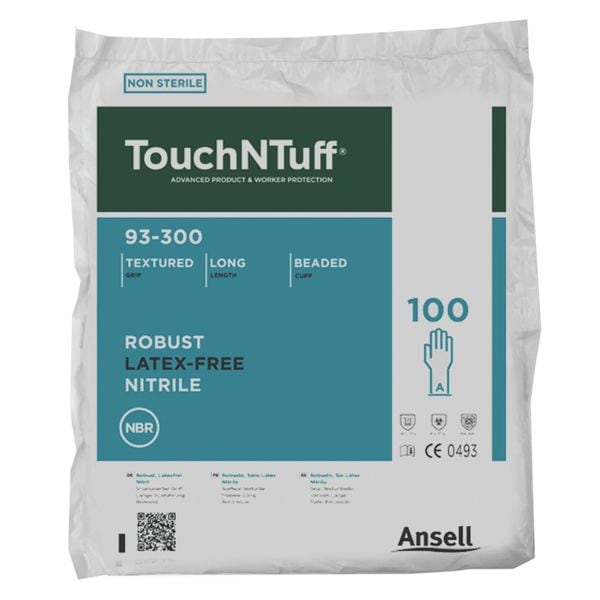 Ansell TouchNTuff 93-300, Guantes Desechables, 5.1 mil de Grosor en la Palma, Nitrilo, Sin Polvo, Talla L, 1000 Piezas, Color Verde - 93-300