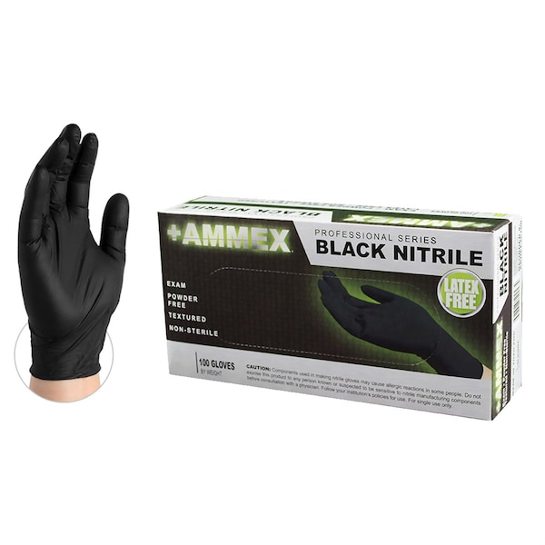 Guantes de examen de nitrilo Ammex, 3 mil Palma, Nitrilo, sin polvo, L, Negro - AMXABNPF46100