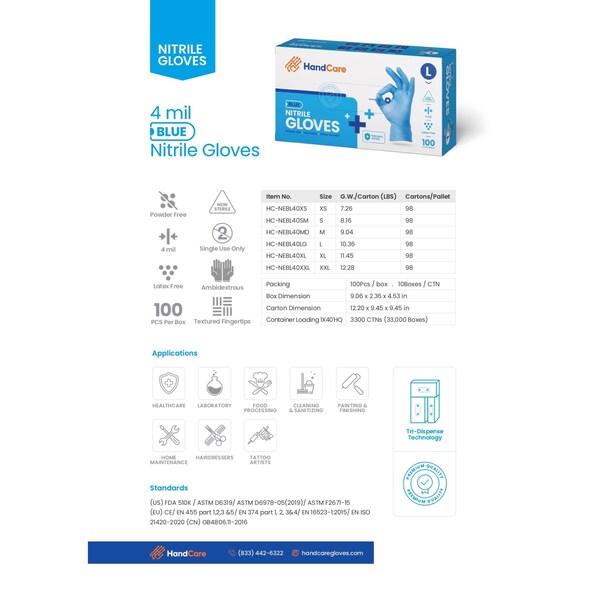 Guante desechable para cuidado de manos, 4 mil de palma, de nitrilo, sin polvo, talla grande, paquete de 1000 unidades, color azul - HC-NEBL40LG
