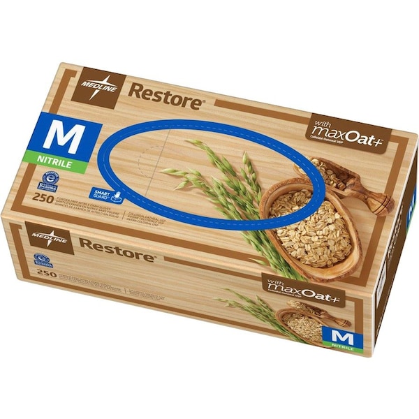 Medline Restore con maxOAT +, Guantes de Examen de Nitrilo, 2.8 mil Palm, Nitrilo, sin Polvo, M, 250 paquetes, Blanco Marfil - MIIOAT6802