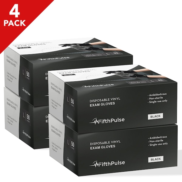 Paquete de 4 guantes desechables de vinilo Fifthpulse, vinilo, sin polvo, L, 50 piezas, negro - FP-FMN100087-4A