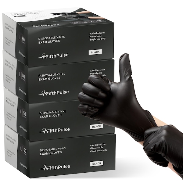Paquete de 4 guantes desechables de vinilo Fifthpulse, vinilo, sin polvo, L, 50 piezas, negro - FP-FMN100087-4A