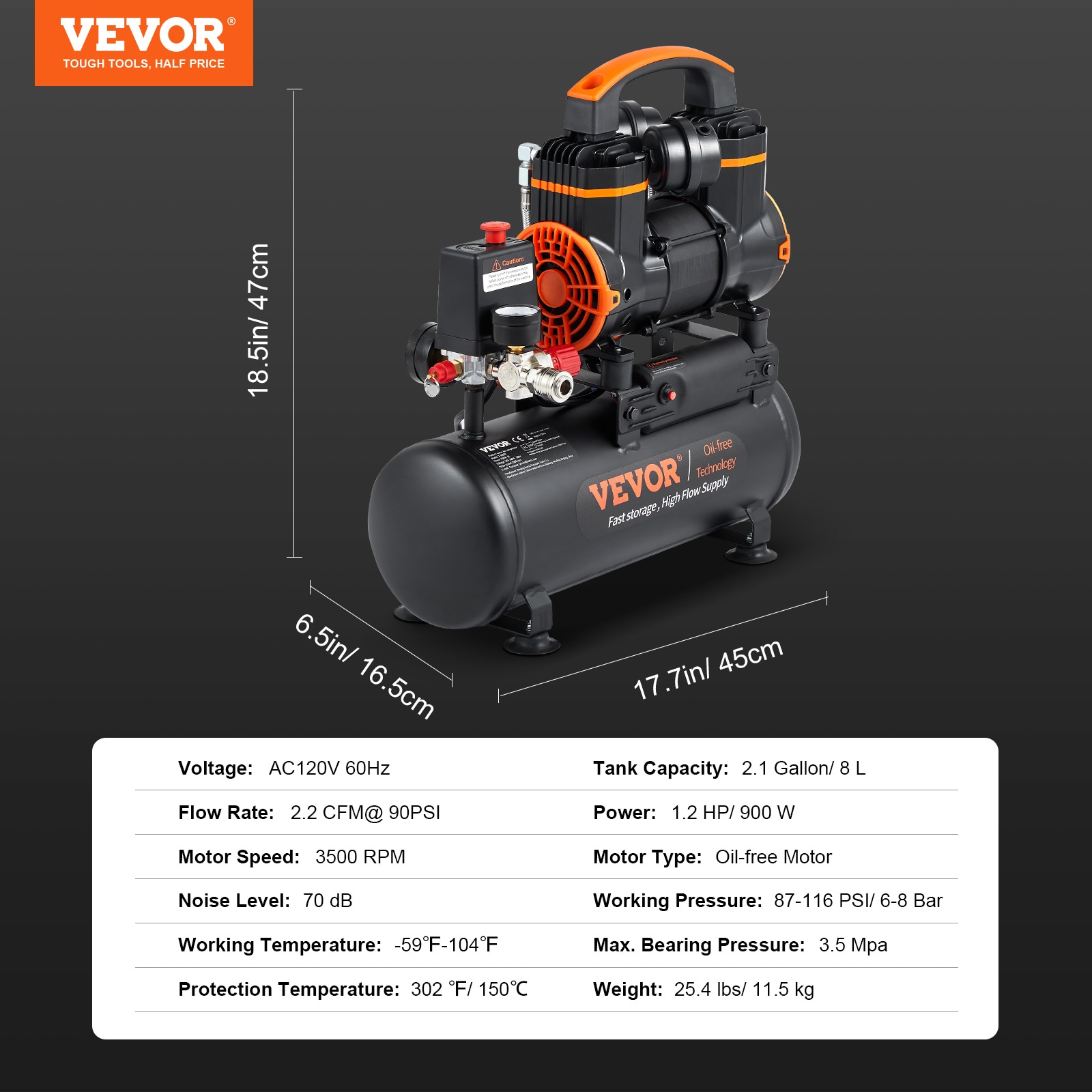 VEVOR Compresor de Aire Eléctrico Portátil de 2.1 Galones y 115 PSI Horizontal con Accesorios Incluidos - WSK9L900W110VPRVFV1