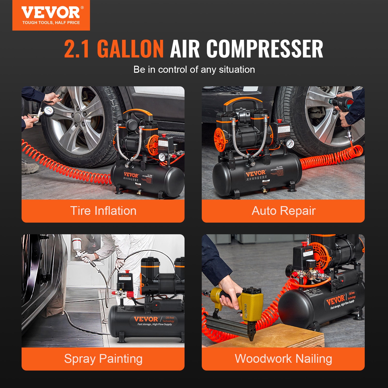 VEVOR Compresor de Aire Eléctrico Portátil de 2.1 Galones y 115 PSI Horizontal con Accesorios Incluidos - WSK9L900W110VPRVFV1