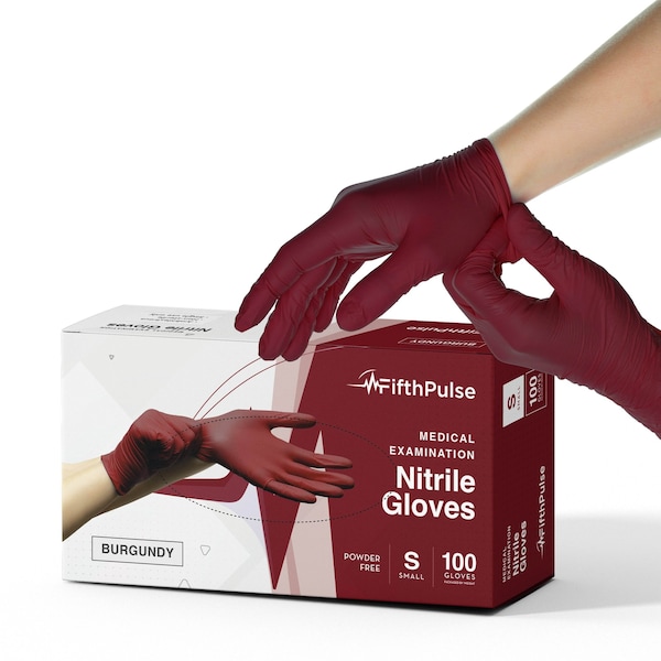 Quinta Frecuencia FMN100, Guantes Desechables de Nitrilo, 3 mil en la palma, Nitrilo, Sin Polvo, S, Paquete de 100, Borgoña - FP-N-100-S-BRG