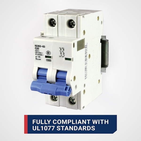 Automation Systems Interconnect 4 Amp Miniature Circuit Breaker, DIN Rail Mount, 2 Pole, 240 Vac, 60 Vdc, C Trip Curve, Ul1077 - NDB2-63C4-2