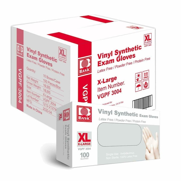 Guantes Desechables Zoro Select, Sintéticos de Vinilo, Sin Látex, Sin Polvo, Transparentes, XL, 10 cajas de 100 guantes - VinylXLB