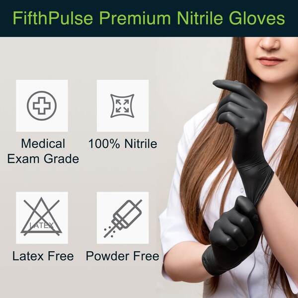 Guantes de Examen de Nitrilo Fifthpulse, 4.5 ml Palma, Nitrilo, Sin Polvo, L, 200 Piezas, Negro - FP-FMN100451