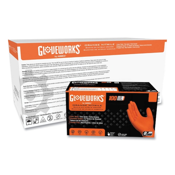 Gloveworks de Ammex Guantes de Nitrilo Industrial Resistente, Sin Polvo, 8 mil, Extra Grande, Naranja, Paquete de 1000 - GWON48100