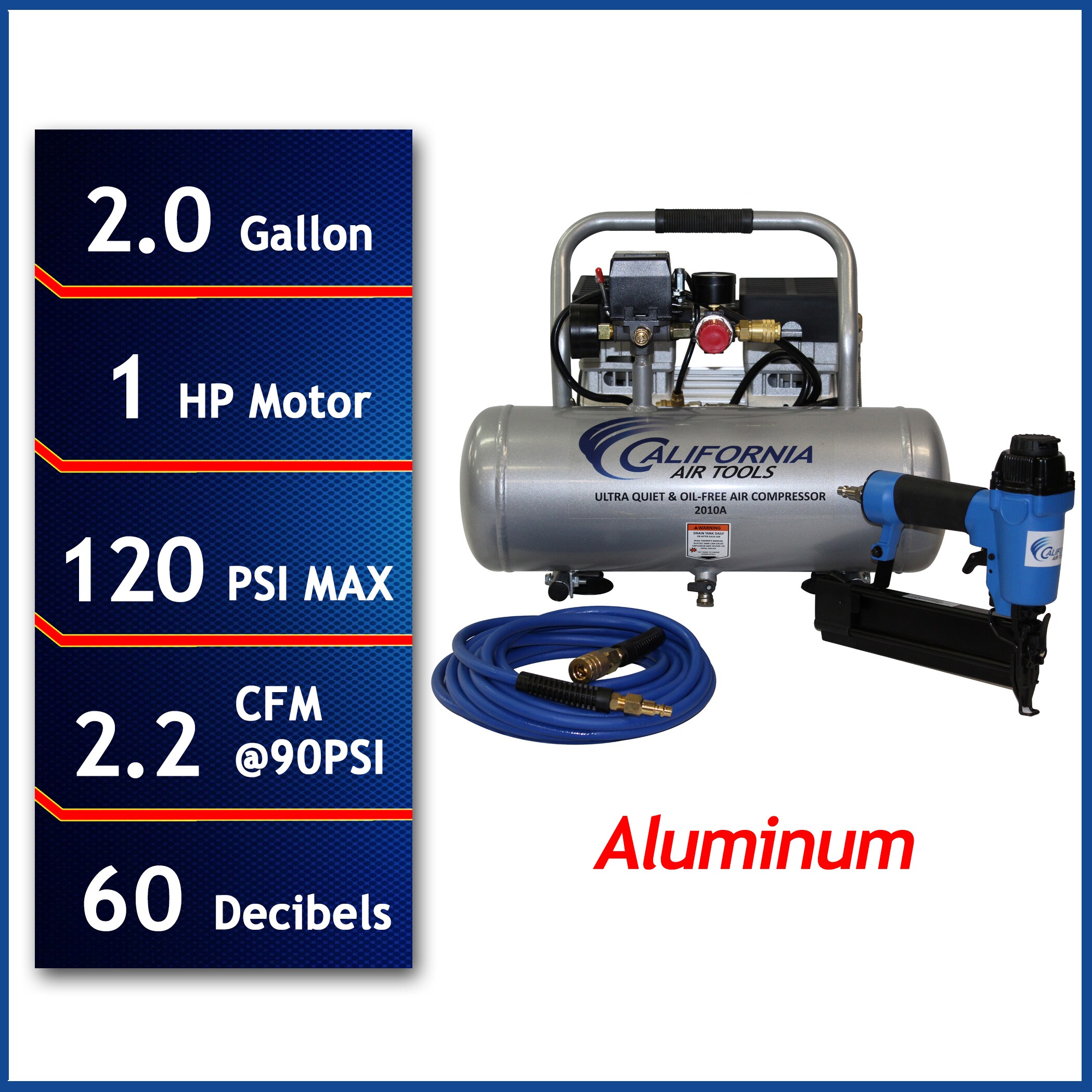 California Air Tools - Compresor de aire tipo Hot Dog portátil de 2 galones y 120 PSI con accesorios incluidos - 2010AGK18