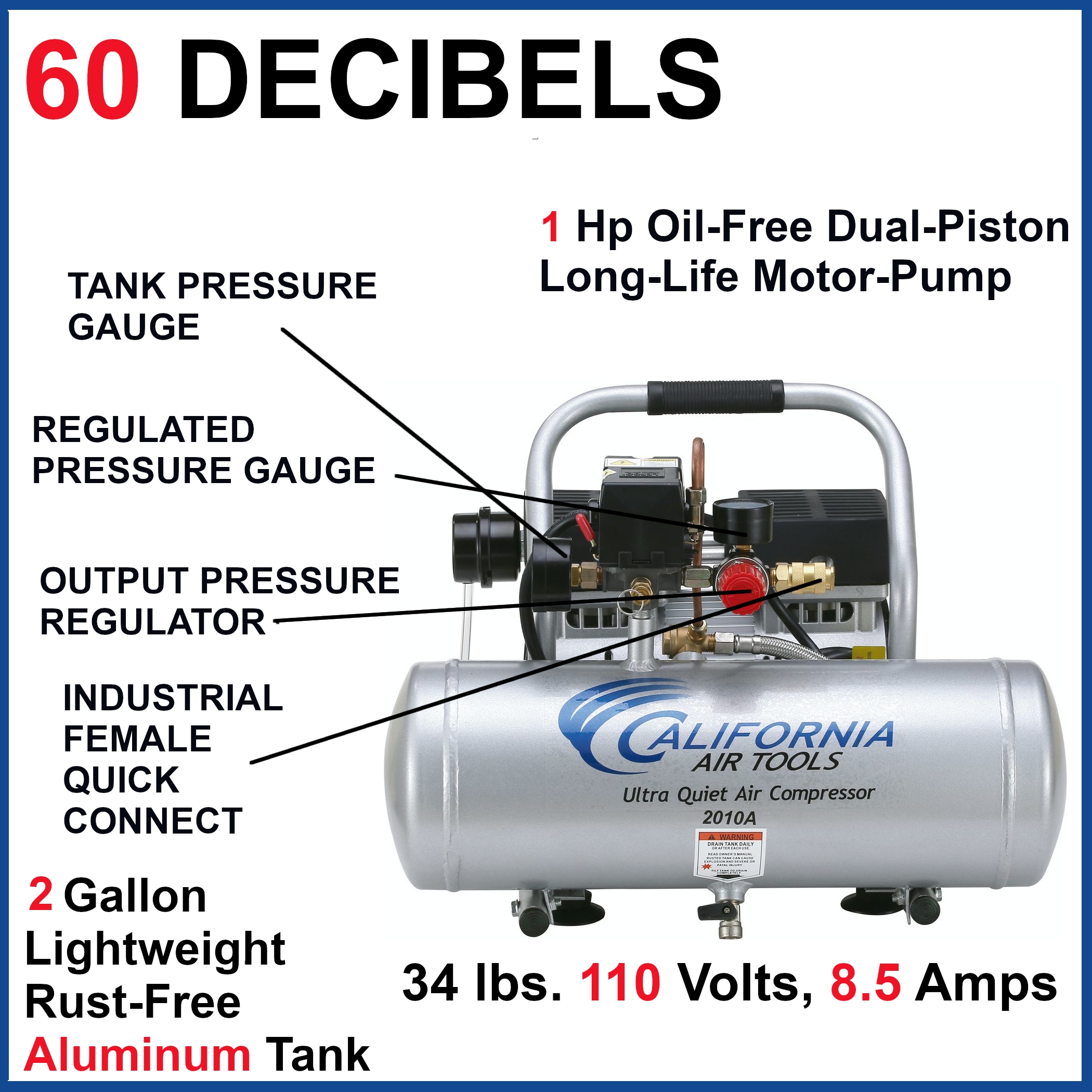 California Air Tools - Compresor de aire tipo Hot Dog portátil de 2 galones y 120 PSI con accesorios incluidos - 2010AGK18