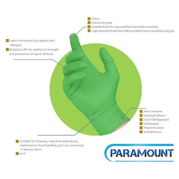 Guantes desechables de nitrilo Paramount, 6 mil de palma, nitrilo, sin polvo, S, 1 paquete, verde - S