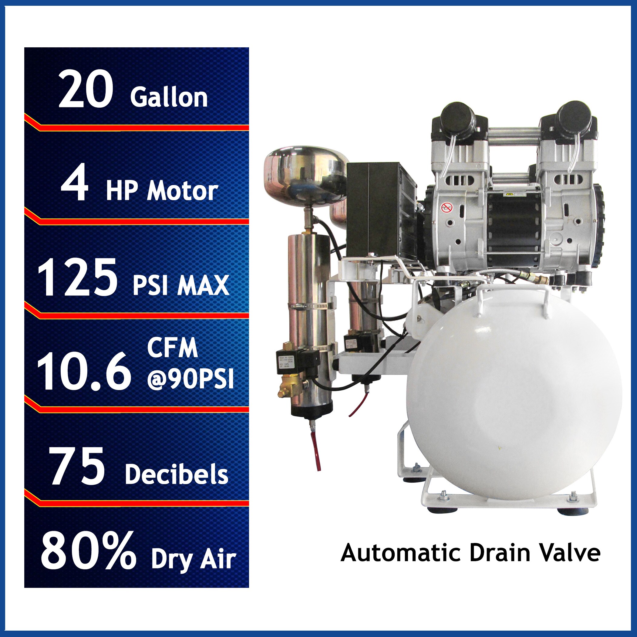 Herramientas de Aire de California Compresor de Aire Horizontal Eléctrico Estacionario de 20 Galones 130 PSI - 20040DCAD