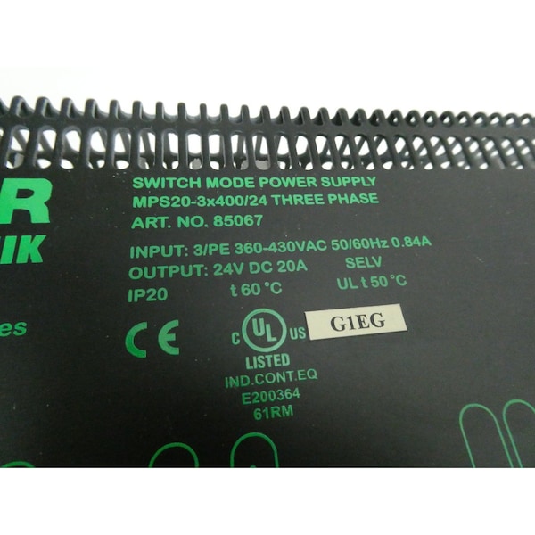 Murr Elektronik Power Supply, 360 to 440V AC, 22 to 28V DC, 20A, DIN Rail - MPS20-3X400/24 85067