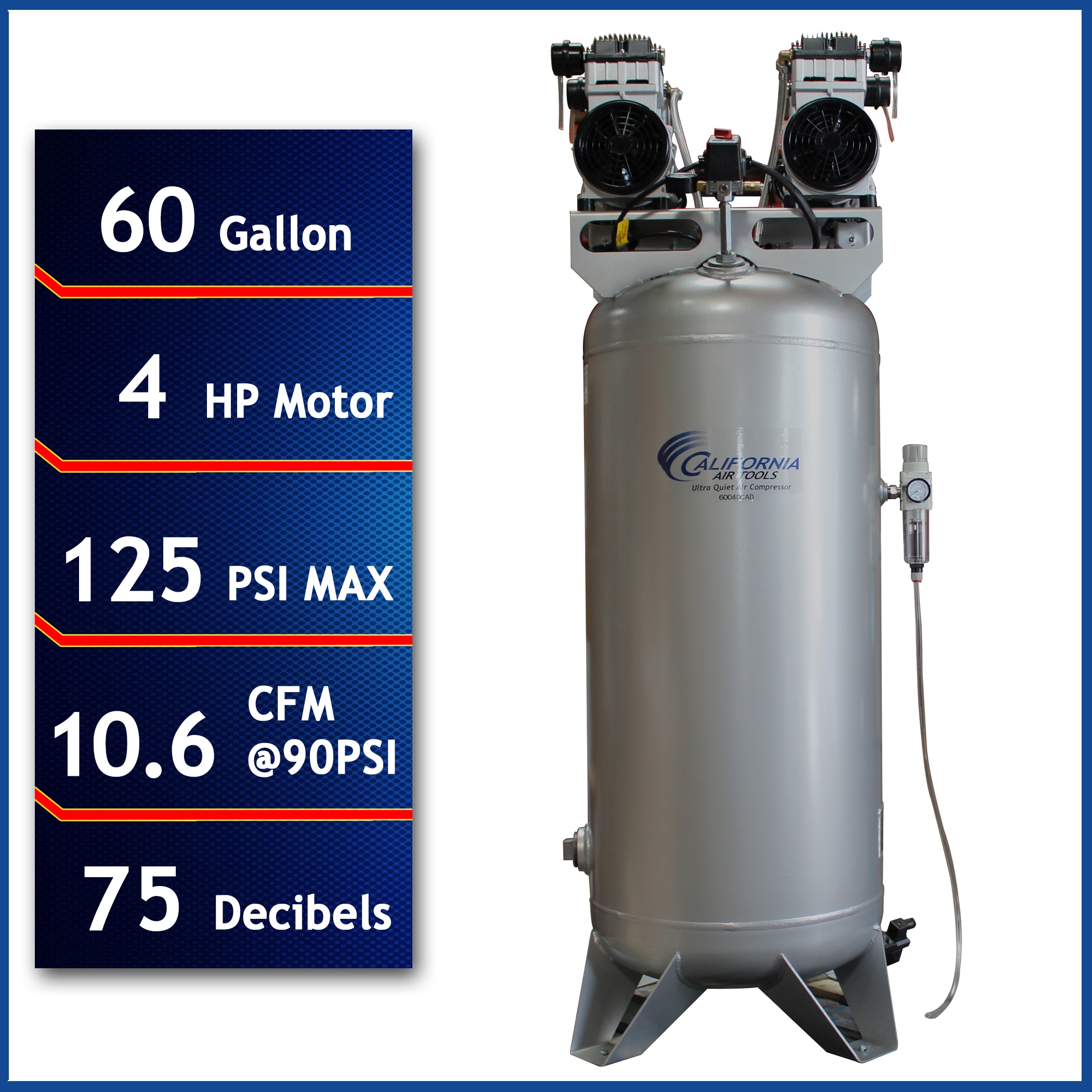 Herramientas de aire de California de 60 galones, compresor de aire vertical eléctrico estacionario de 125 PSI - 60040CAD