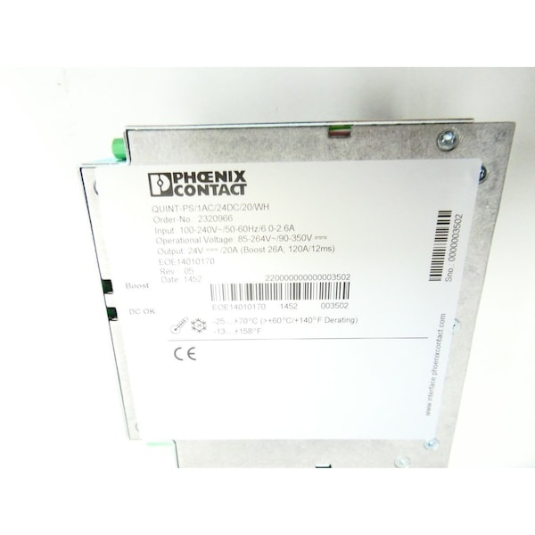 Phoenix Contact 100-240V-AC 20A AMP 24V-DC AC TO DC POWER SUPPLY - QUINT-PS/1AC/24DC/20/WH