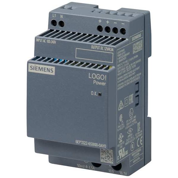 Siemens Stabilized Power Supply, 100/240V AC, 12V DC, 54W, 4.5A, DIN Rail - 6EP33226SB000AY0