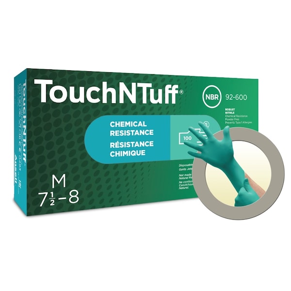 Ansell TouchNTuff 92-600, Guantes Desechables de Nitrilo, 4.9 mil de Grosor en la Palma, Nitrilo, Sin Polvo, Talla M, Paquete de 100, Verde - 585835