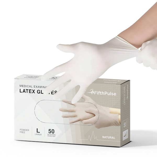 Guantes desechables de látex Fifthpulse, látex, L, 50 piezas, Natural - FMN100366