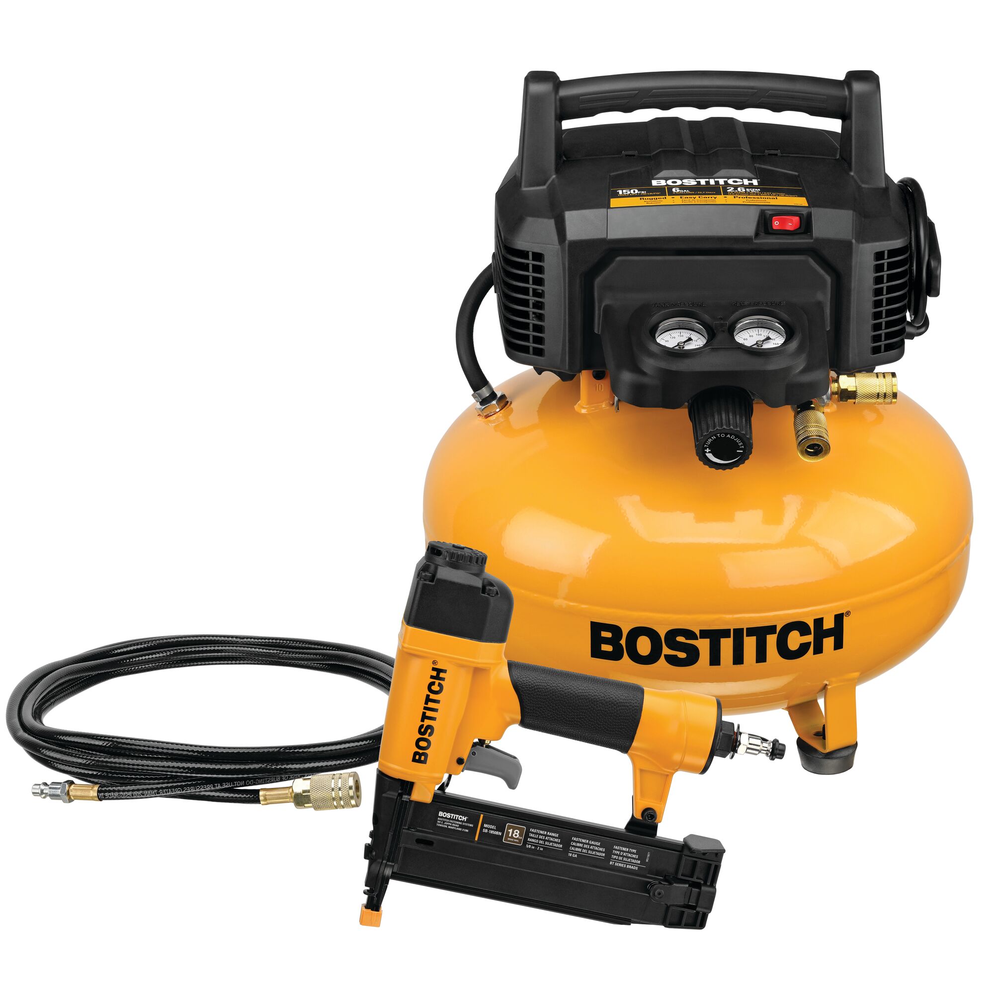 Compresor de aire portátil Bostitch de 6 galones y 150 PSI eléctrico tipo panqueque - BTFP1KIT