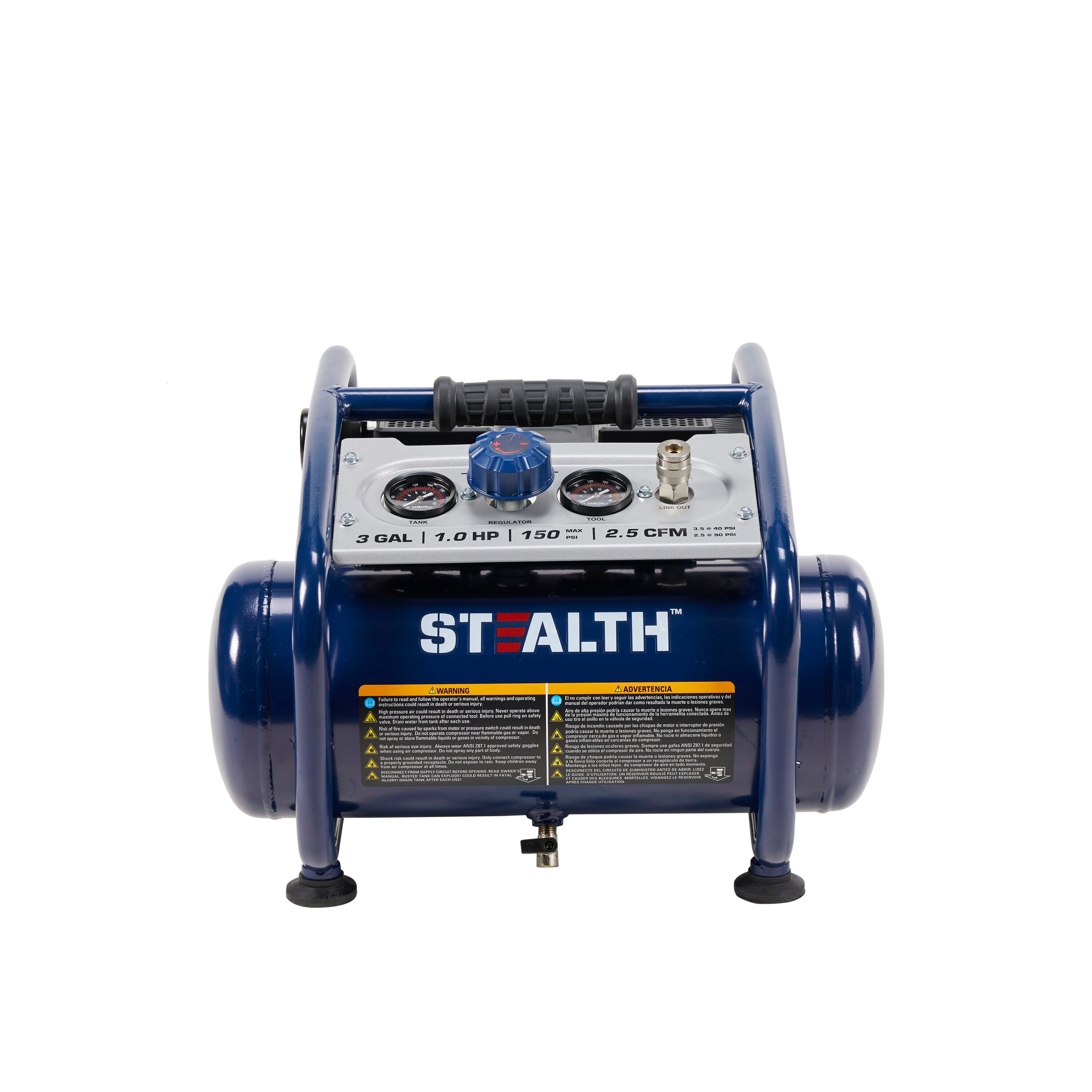 Compresor de aire portátil tipo "Hot Dog" Stealth Stealth Quiet Tech de 3 galones y 150 PSI - SAQ-1301