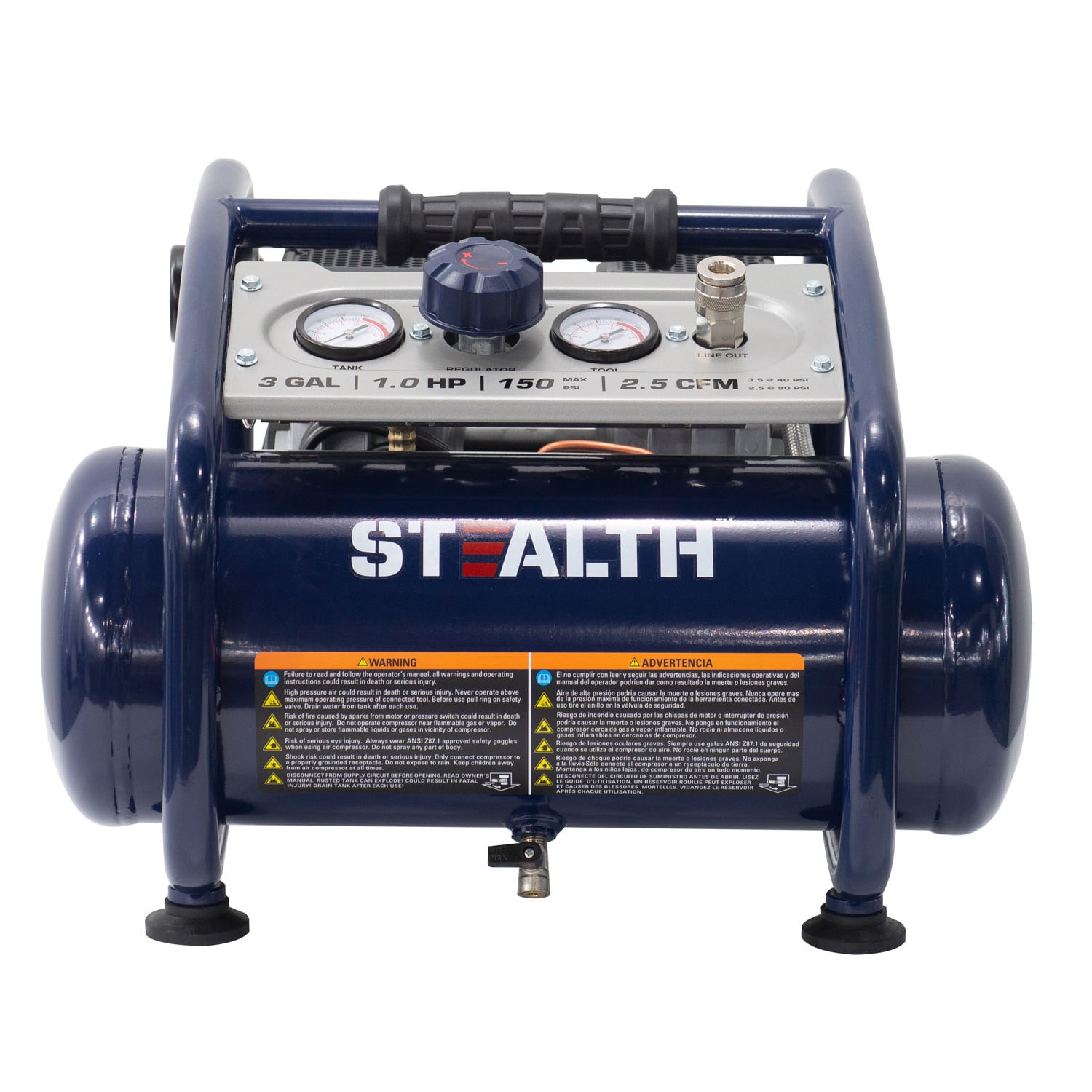 Compresor de aire portátil tipo "Hot Dog" Stealth Stealth Quiet Tech de 3 galones y 150 PSI - SAQ-1301
